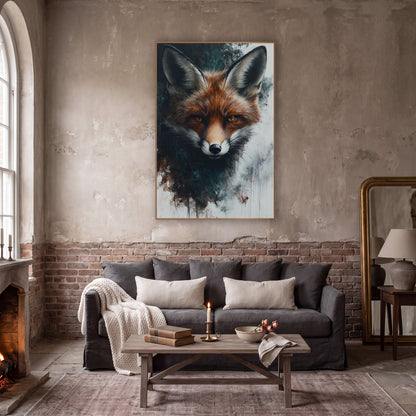 Russet Fox Portrait Moody Naturalist wall art in a moody dark academia room – front-facing red fox with amber eyes