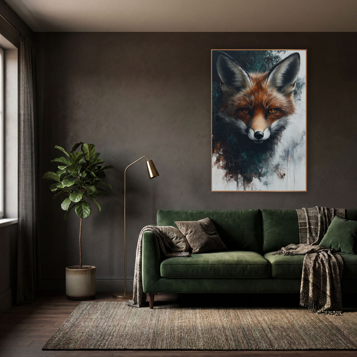 Russet Fox Portrait Moody Naturalist wall art in a moody dark academia room – front-facing red fox with amber eyes