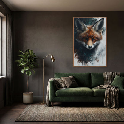 Russet Fox Portrait Moody Naturalist wall art in a moody dark academia room – front-facing red fox with amber eyes