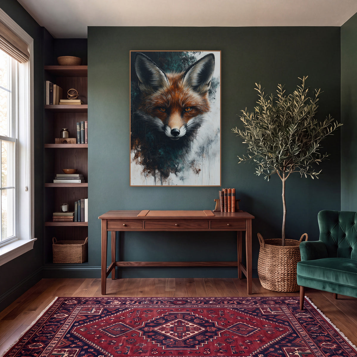Russet Fox Portrait Moody Naturalist wall art in a moody dark academia room – front-facing red fox with amber eyes