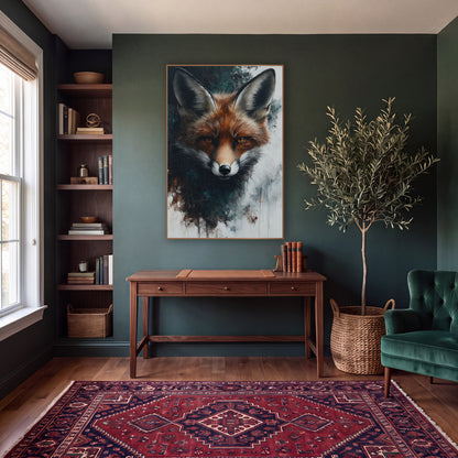 Russet Fox Portrait Moody Naturalist wall art in a moody dark academia room – front-facing red fox with amber eyes