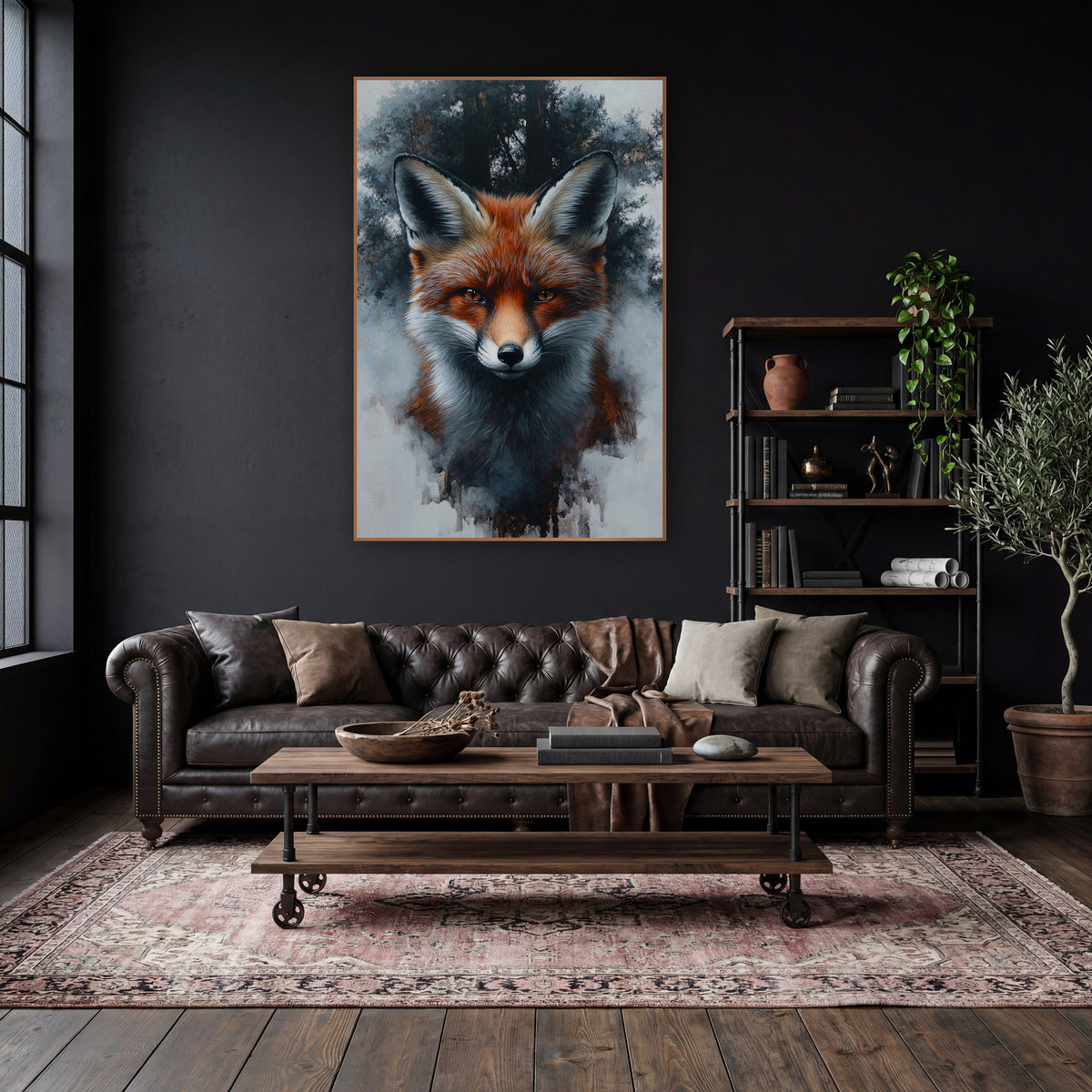 Front Facing Fox Foggy Forest Moody wall art in a moody dark academia room – red fox portrait facing forward