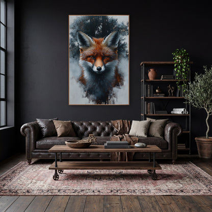 Front Facing Fox Foggy Forest Moody wall art in a moody dark academia room – red fox portrait facing forward