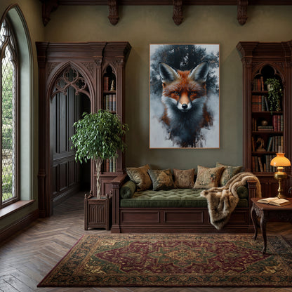 Front Facing Fox Foggy Forest Moody wall art in a moody dark academia room – red fox portrait facing forward