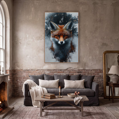 Front Facing Fox Foggy Forest Moody wall art in a moody dark academia room – red fox portrait facing forward