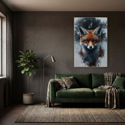 Front Facing Fox Foggy Forest Moody wall art in a moody dark academia room – red fox portrait facing forward