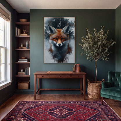Front Facing Fox Foggy Forest Moody wall art in a moody dark academia room – red fox portrait facing forward