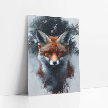 Front Facing Fox Foggy Forest Moody art print leaning against a white wall – red fox portrait facing forward with amber eyes