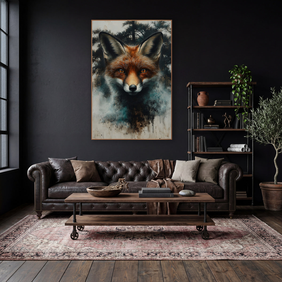 Red Fox Portrait Misty Forest wall art in a moody dark academia room – red fox face with amber eyes and tall ears