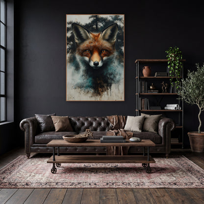 Red Fox Portrait Misty Forest wall art in a moody dark academia room – red fox face with amber eyes and tall ears