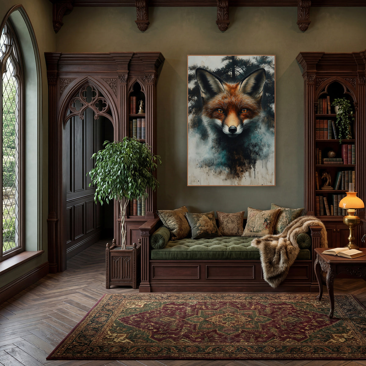 Red Fox Portrait Misty Forest wall art in a moody dark academia room – red fox face with amber eyes and tall ears
