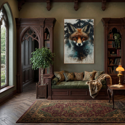 Red Fox Portrait Misty Forest wall art in a moody dark academia room – red fox face with amber eyes and tall ears