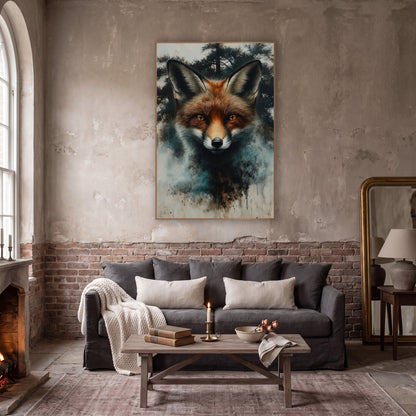 Red Fox Portrait Misty Forest wall art in a moody dark academia room – red fox face with amber eyes and tall ears