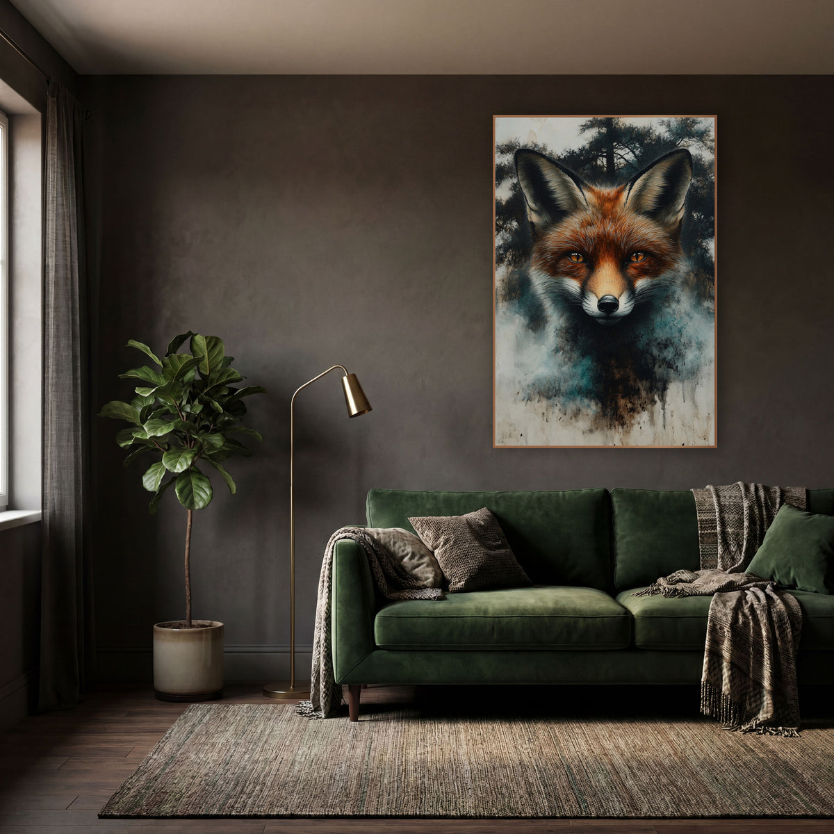Red Fox Portrait Misty Forest wall art in a moody dark academia room – red fox face with amber eyes and tall ears
