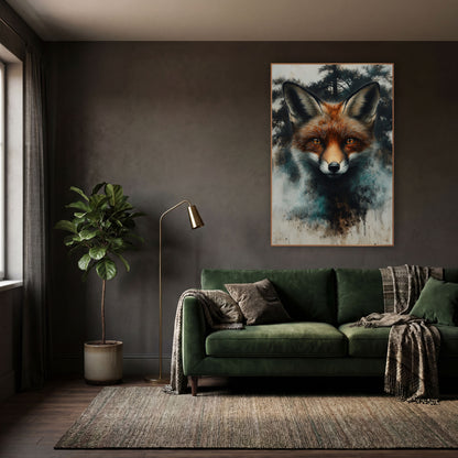 Red Fox Portrait Misty Forest wall art in a moody dark academia room – red fox face with amber eyes and tall ears