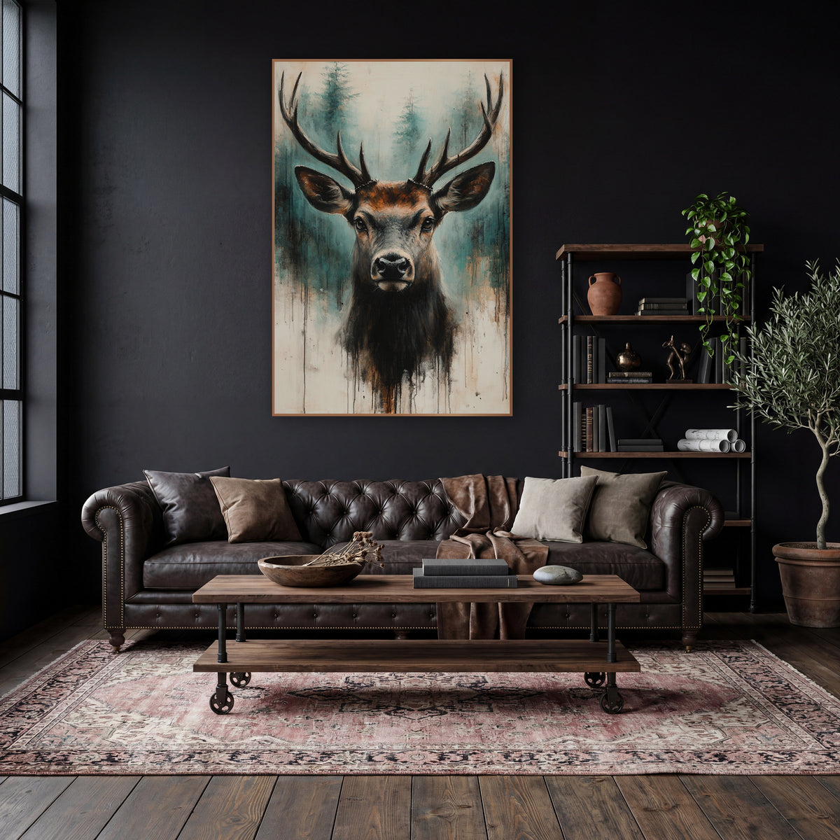 Teal Forest Stag Head Moody wall art in a moody dark academia room – front-facing stag with long antlers before teal