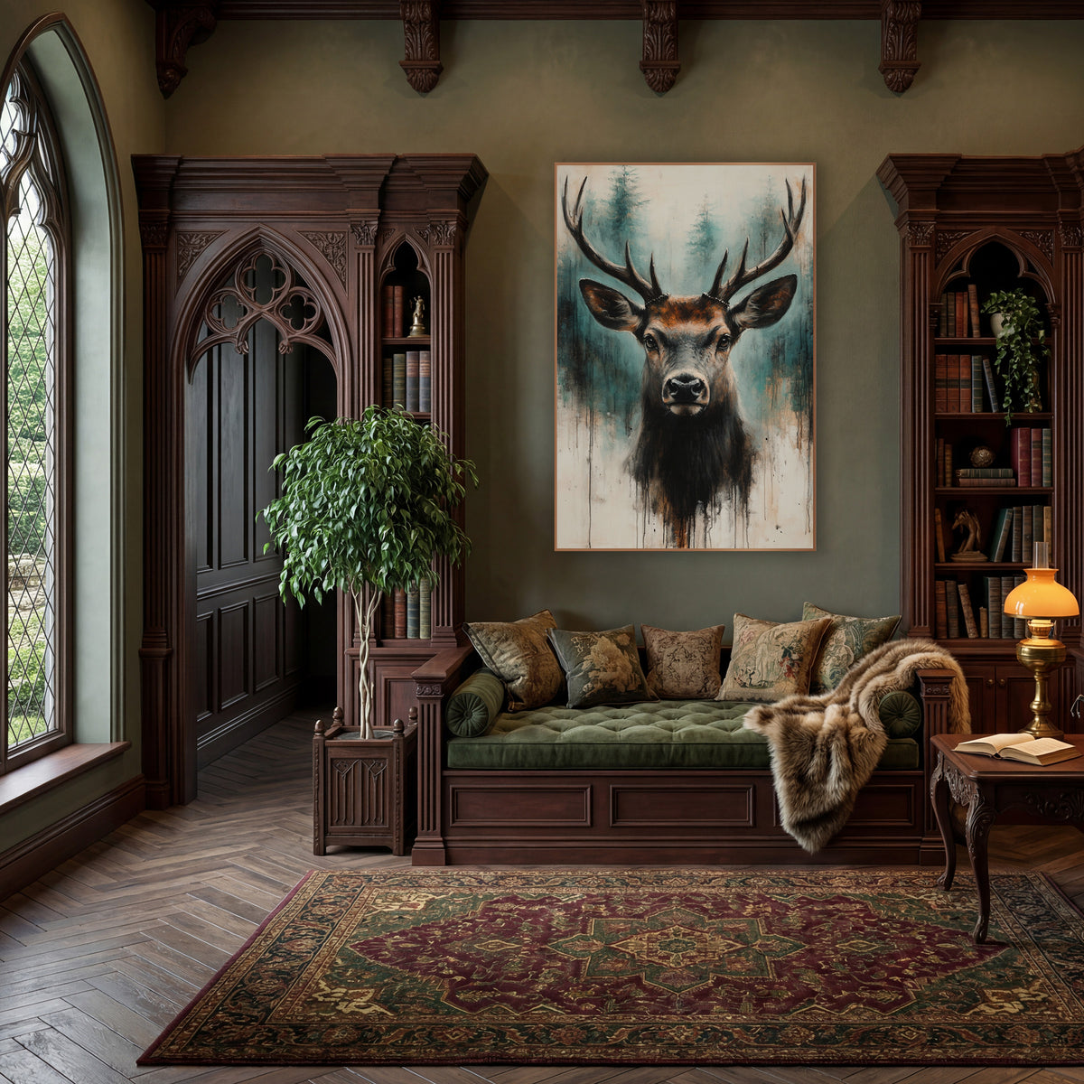 Teal Forest Stag Head Moody wall art in a moody dark academia room – front-facing stag with long antlers before teal