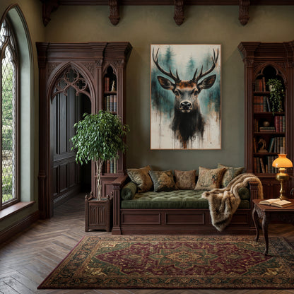 Teal Forest Stag Head Moody wall art in a moody dark academia room – front-facing stag with long antlers before teal