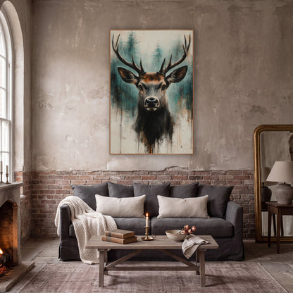 Teal Forest Stag Head Moody wall art in a moody dark academia room – front-facing stag with long antlers before teal