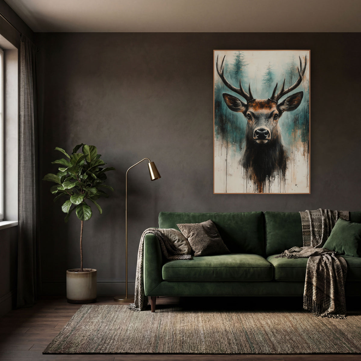 Teal Forest Stag Head Moody wall art in a moody dark academia room – front-facing stag with long antlers before teal