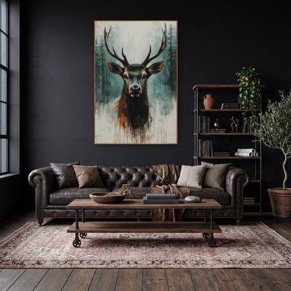 Rust Mist Elk Portrait Rustic wall art in a moody dark academia room – front-facing stag with branching antlers