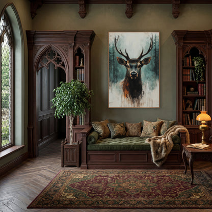 Rust Mist Elk Portrait Rustic wall art in a moody dark academia room – front-facing stag with branching antlers