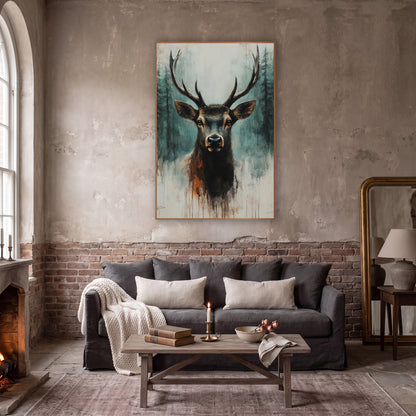 Rust Mist Elk Portrait Rustic wall art in a moody dark academia room – front-facing stag with branching antlers