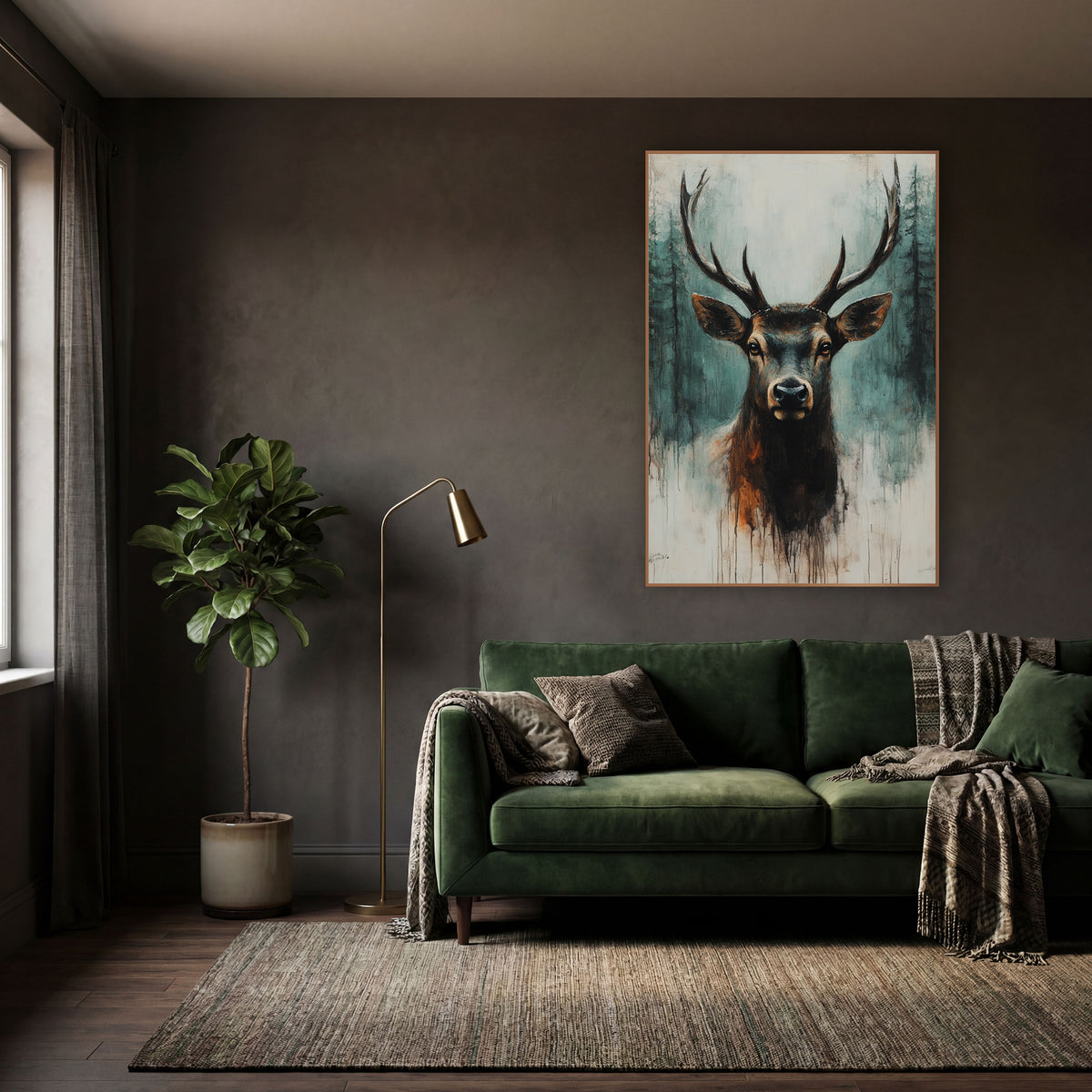 Rust Mist Elk Portrait Rustic wall art in a moody dark academia room – front-facing stag with branching antlers
