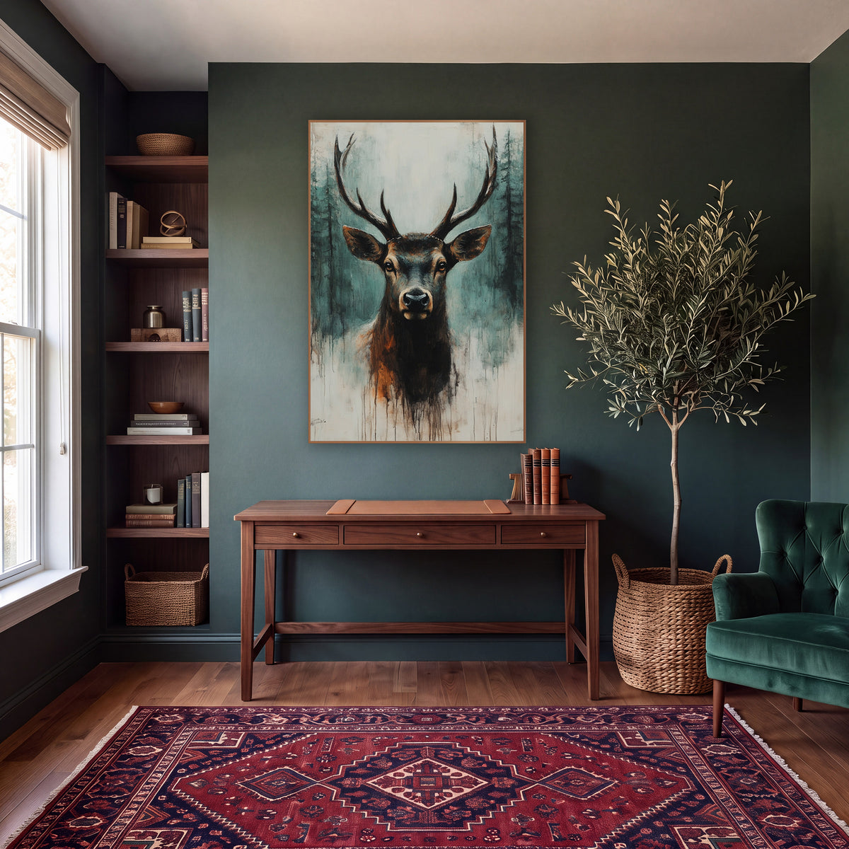 Rust Mist Elk Portrait Rustic wall art in a moody dark academia room – front-facing stag with branching antlers