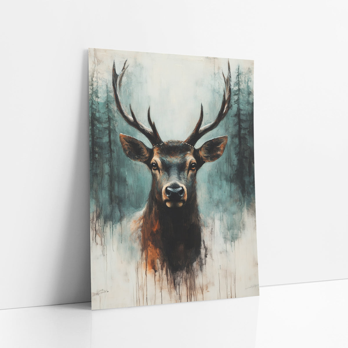 Rust Mist Elk Portrait Rustic art print leaning against a white wall – front-facing stag with branching antlers and amber