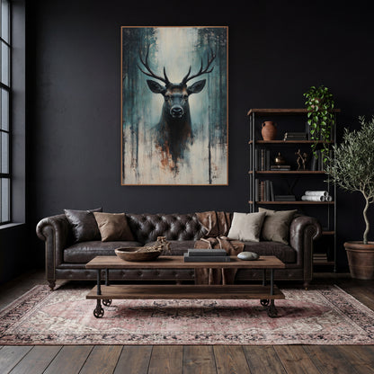 Dark Teal Stag Moody wall art in a moody dark academia room – front-facing stag with wide antlers among dark tree