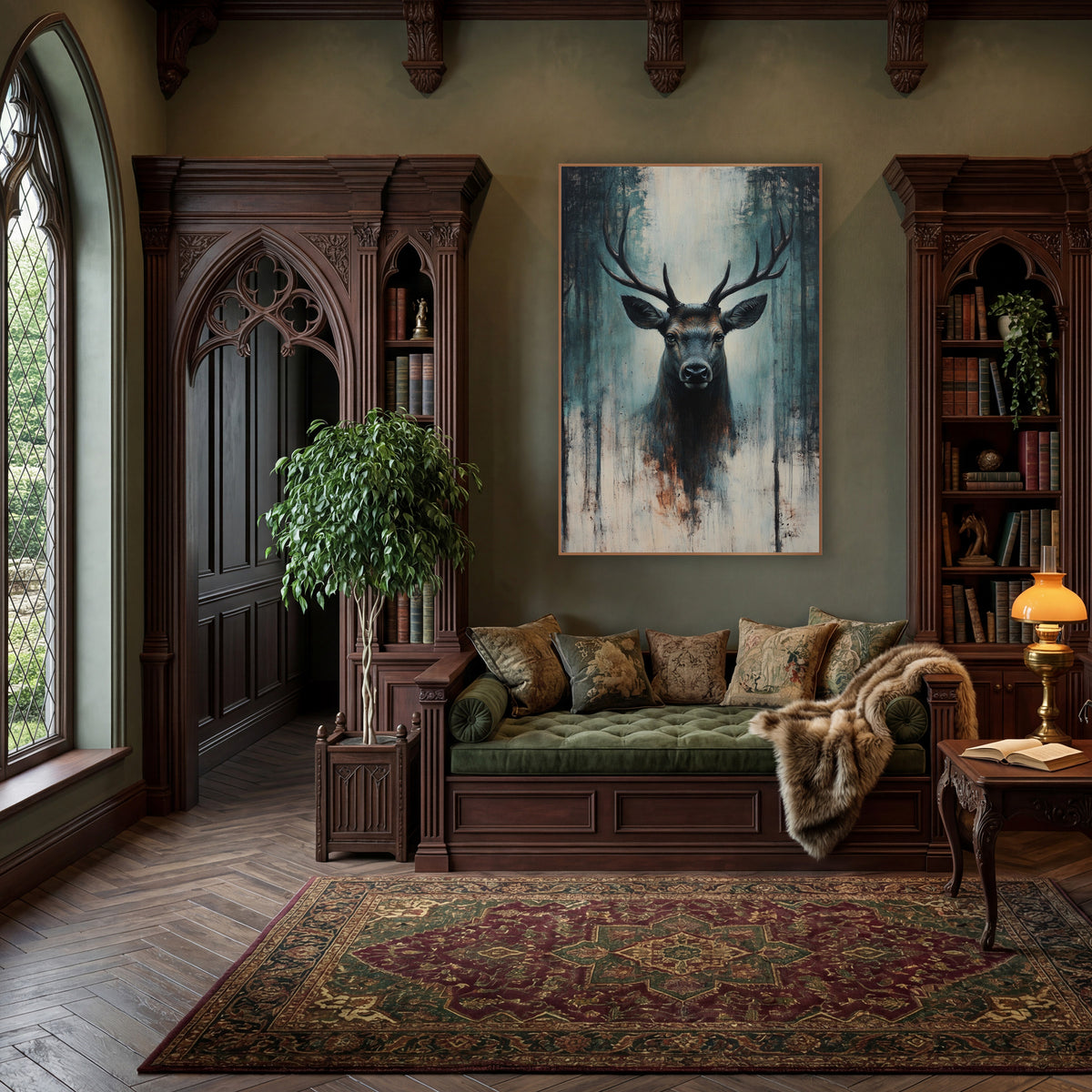 Dark Teal Stag Moody wall art in a moody dark academia room – front-facing stag with wide antlers among dark tree