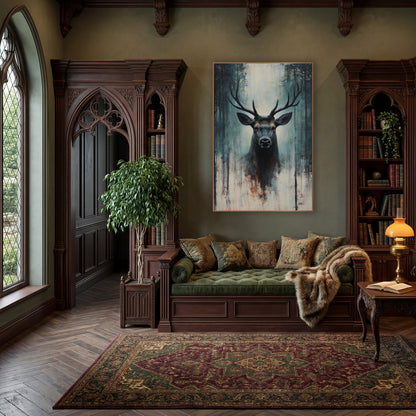 Dark Teal Stag Moody wall art in a moody dark academia room – front-facing stag with wide antlers among dark tree