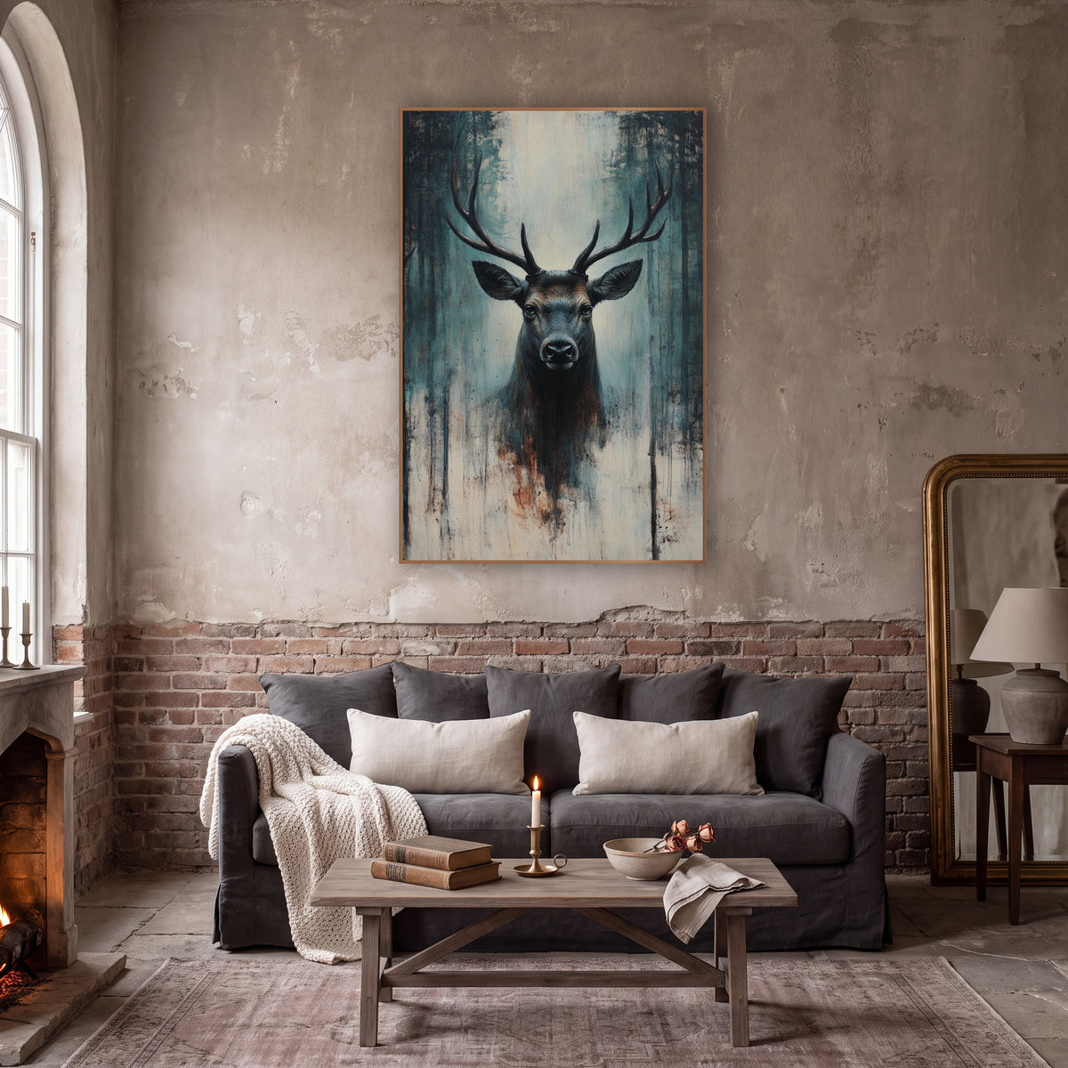 Dark Teal Stag Moody wall art in a moody dark academia room – front-facing stag with wide antlers among dark tree