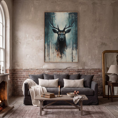 Dark Teal Stag Moody wall art in a moody dark academia room – front-facing stag with wide antlers among dark tree
