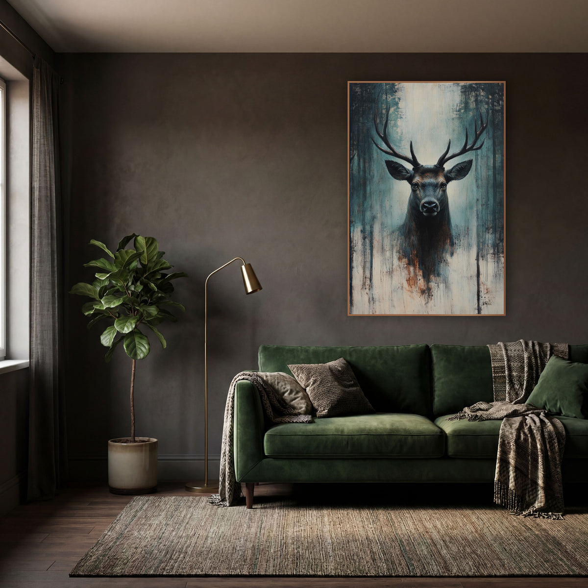 Dark Teal Stag Moody wall art in a moody dark academia room – front-facing stag with wide antlers among dark tree