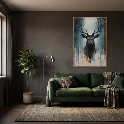 Dark Teal Stag Moody wall art in a moody dark academia room – front-facing stag with wide antlers among dark tree