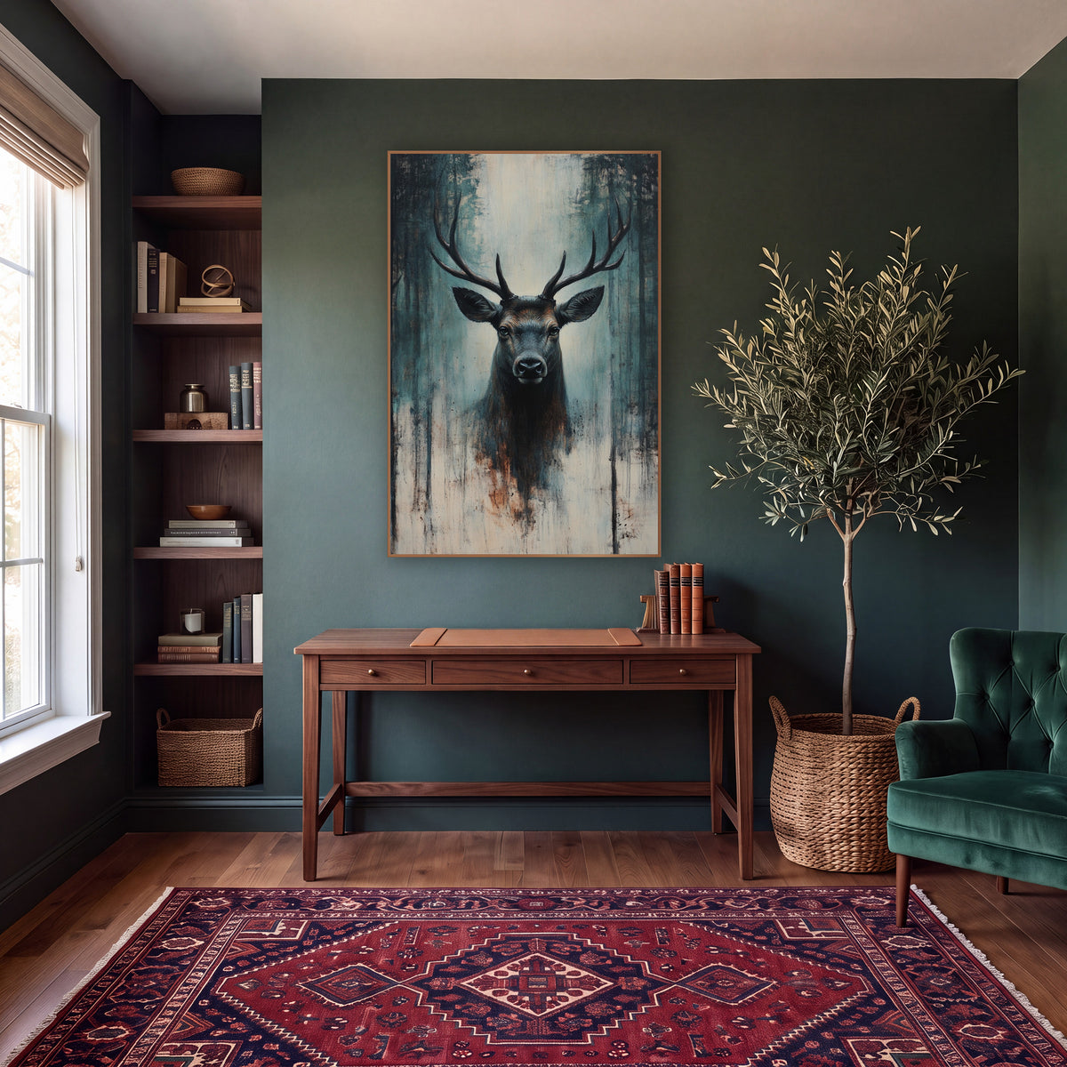 Dark Teal Stag Moody wall art in a moody dark academia room – front-facing stag with wide antlers among dark tree
