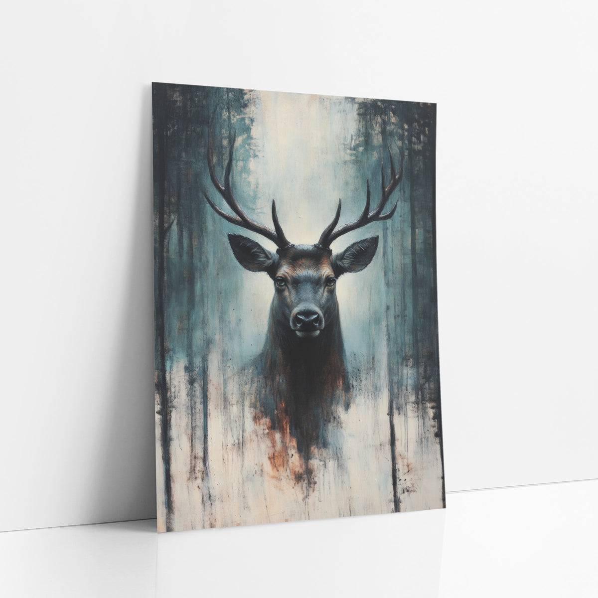 Dark Teal Stag Moody art print leaning against a white wall – front-facing stag with wide antlers among dark tree trunks