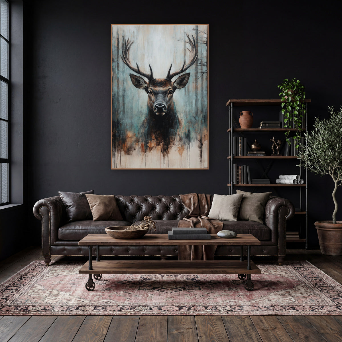 Rust Drip Stag Rustic wall art in a moody dark academia room – stag with wide antlers facing forward before dark tree