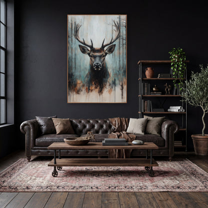 Rust Drip Stag Rustic wall art in a moody dark academia room – stag with wide antlers facing forward before dark tree