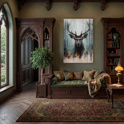 Rust Drip Stag Rustic wall art in a moody dark academia room – stag with wide antlers facing forward before dark tree