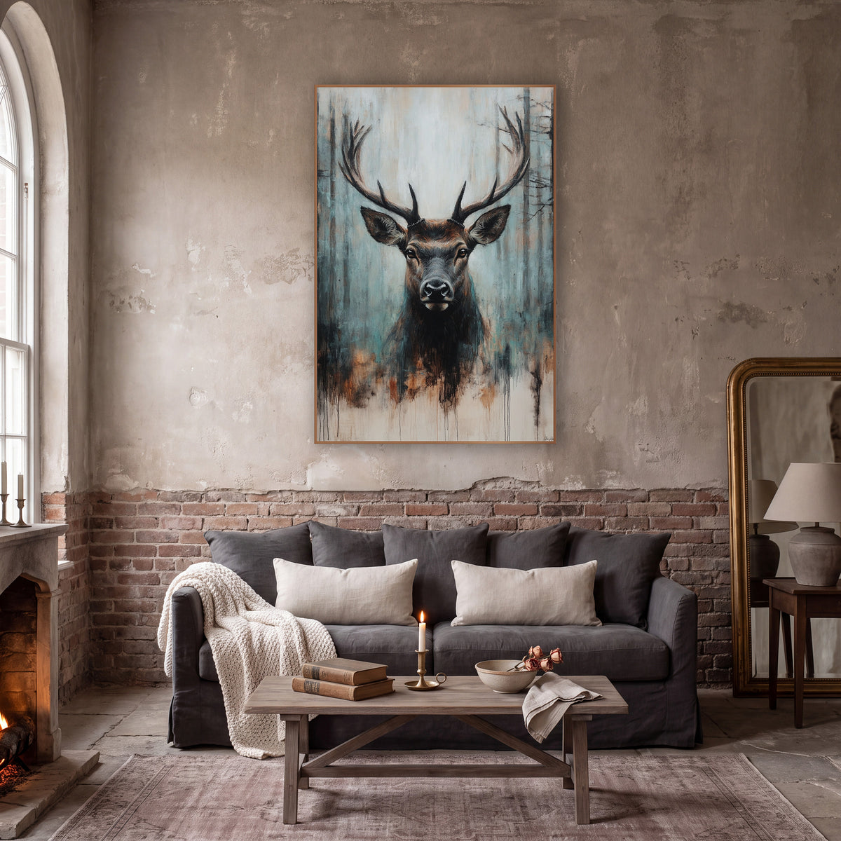 Rust Drip Stag Rustic wall art in a moody dark academia room – stag with wide antlers facing forward before dark tree