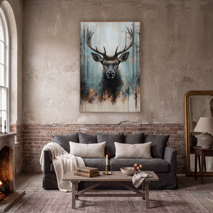 Rust Drip Stag Rustic wall art in a moody dark academia room – stag with wide antlers facing forward before dark tree