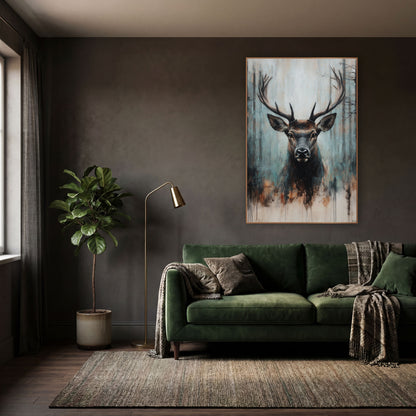Rust Drip Stag Rustic wall art in a moody dark academia room – stag with wide antlers facing forward before dark tree