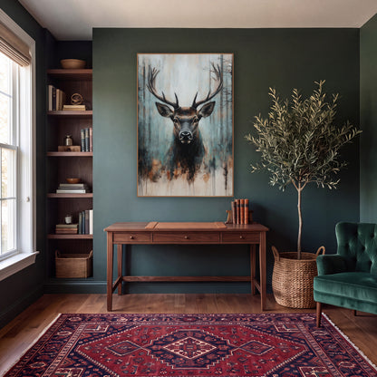Rust Drip Stag Rustic wall art in a moody dark academia room – stag with wide antlers facing forward before dark tree