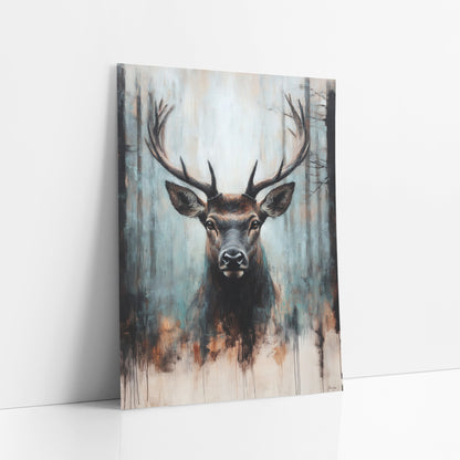 Rust Drip Stag Rustic art print leaning against a white wall – stag with wide antlers facing forward before dark tree trunks