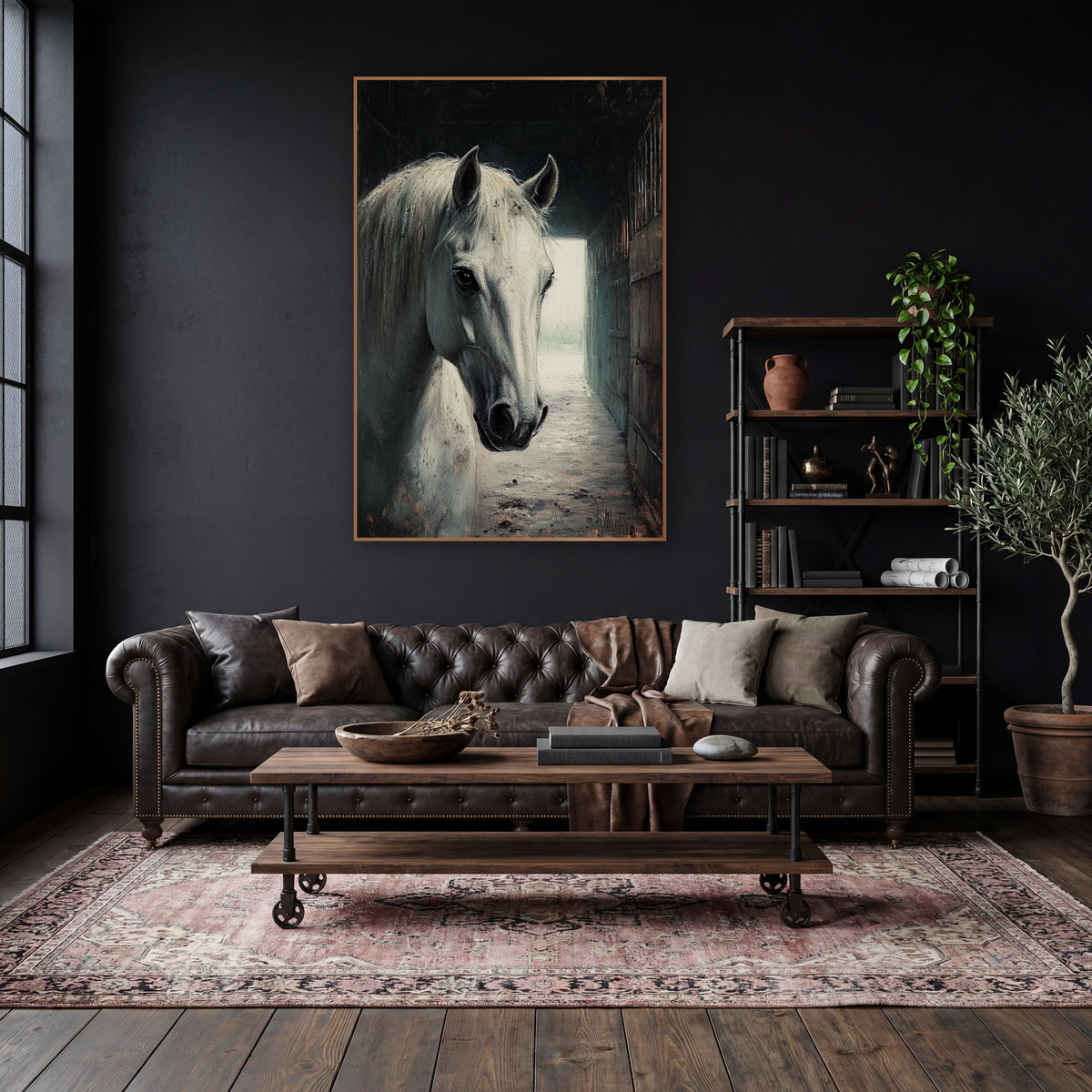 Stable Hallway Gray Horse Moody wall art in a moody dark academia room – white horse with long pale mane facing