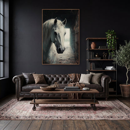 Stable Hallway Gray Horse Moody wall art in a moody dark academia room – white horse with long pale mane facing