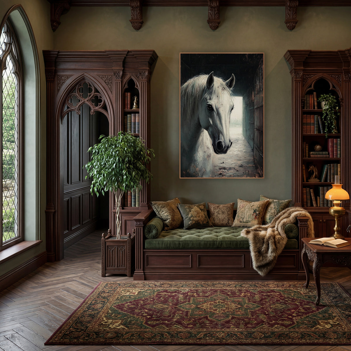 Stable Hallway Gray Horse Moody wall art in a moody dark academia room – white horse with long pale mane facing